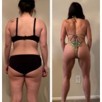 Side-by-side images of a female client showing significant weight loss and muscle toning, highlighting her fitness transformation before and after training at Fitness Factory KC.