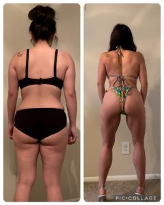 Side-by-side images of a female client showing significant weight loss and muscle toning, highlighting her fitness transformation before and after training at Fitness Factory KC.