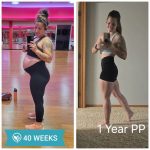 Before and after images of a female client showcasing her progress during pre and post-partum fitness training, highlighting improved muscle tone, reduced body fat, and overall enhanced physical well-being.
