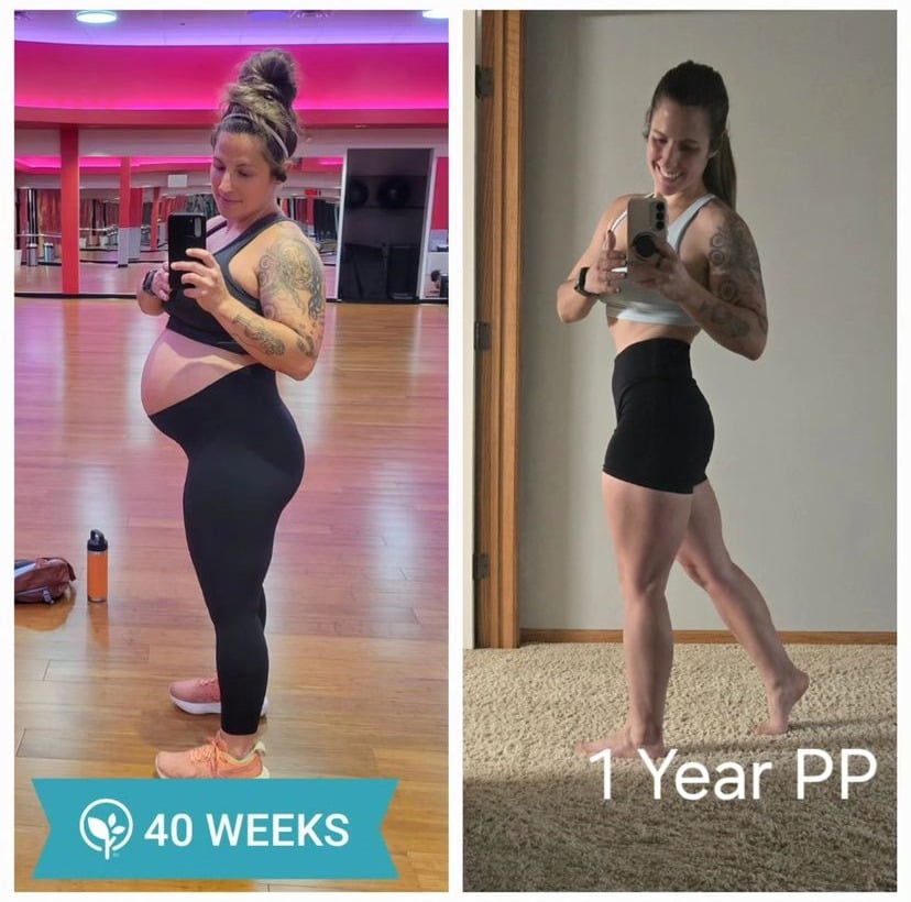 Before and after images of a female client showcasing her progress during pre and post-partum fitness training, highlighting improved muscle tone, reduced body fat, and overall enhanced physical well-being.