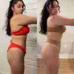 Side-by-side comparison of a female client’s lower body progress photos, showcasing significant muscle development and toning in her legs and glutes over a period of consistent training.