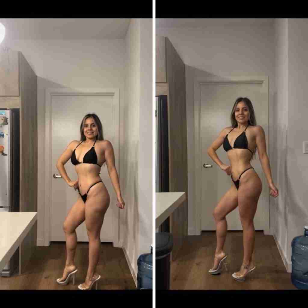 Side-by-side progress photos of a female bodybuilding client showcasing her transformation over time, highlighting increased muscle definition, improved posture, and overall physique enhancement.