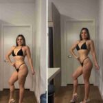 Side-by-side progress photos of a female bodybuilding client showcasing her transformation over time, highlighting increased muscle definition, improved posture, and overall physique enhancement.