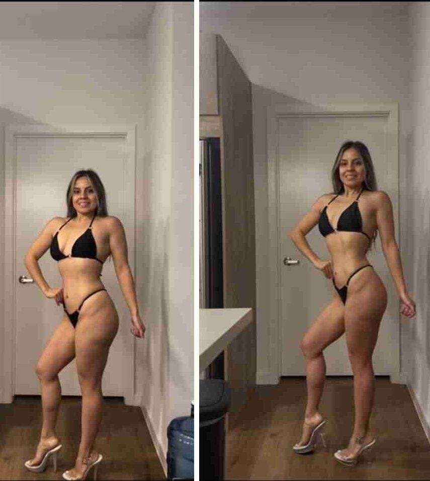 Side-by-side progress photos of a female bodybuilding client showcasing her transformation over time, highlighting increased muscle definition, improved posture, and overall physique enhancement.