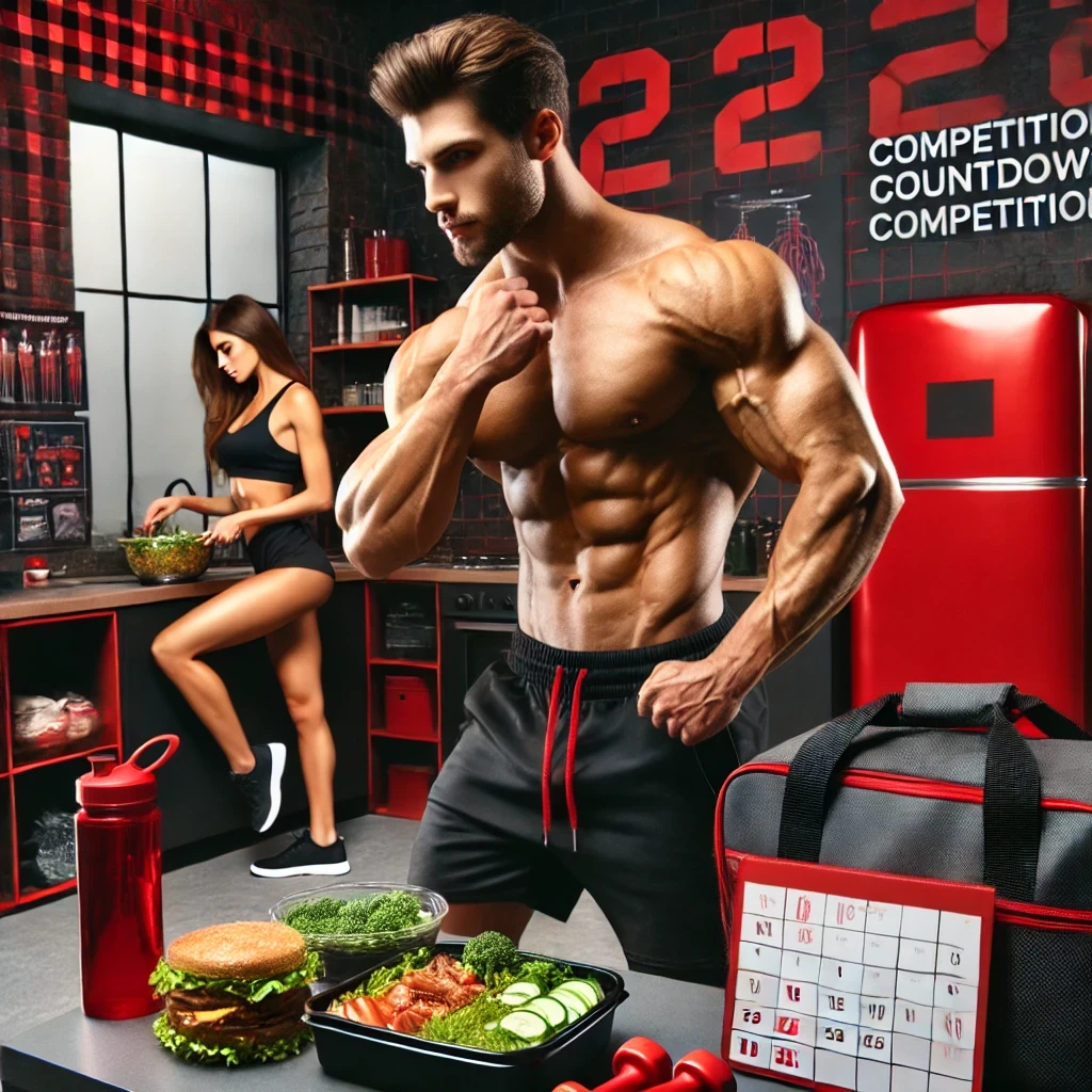 A-determined-male-and-female-bodybuilder-preparing-for-their-first-bodybuilding-competition-with-a-red-and-black-themed-environment.-The-male-athlete