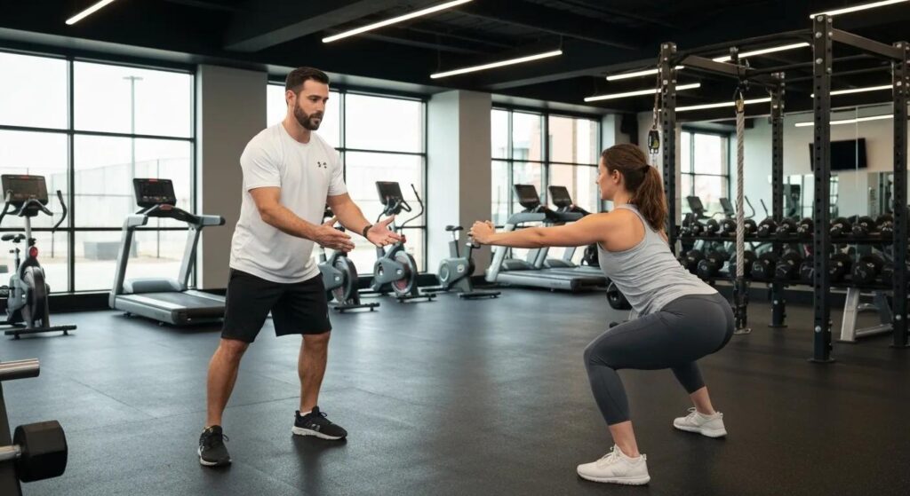 Expert personal trainer guides client through effective exercise in a state-of-the-art Overland Park gym.