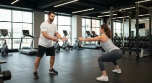 Expert personal trainer guides client through effective exercise in a state-of-the-art Overland Park gym.