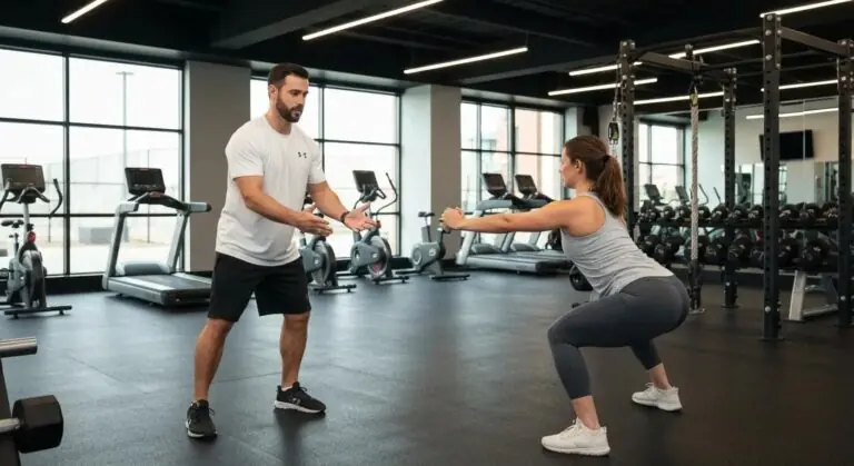 Expert personal trainer guides client through effective exercise in a state-of-the-art Overland Park gym.
