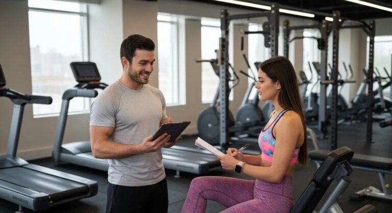 Dedicated personal trainer discusses a bespoke workout plan with a focused client in a modern gym setting.