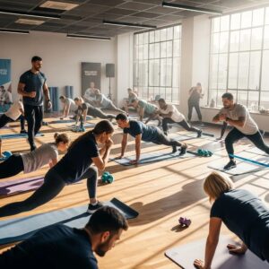 Employees participating in a corporate wellness fitness class led by a trainer