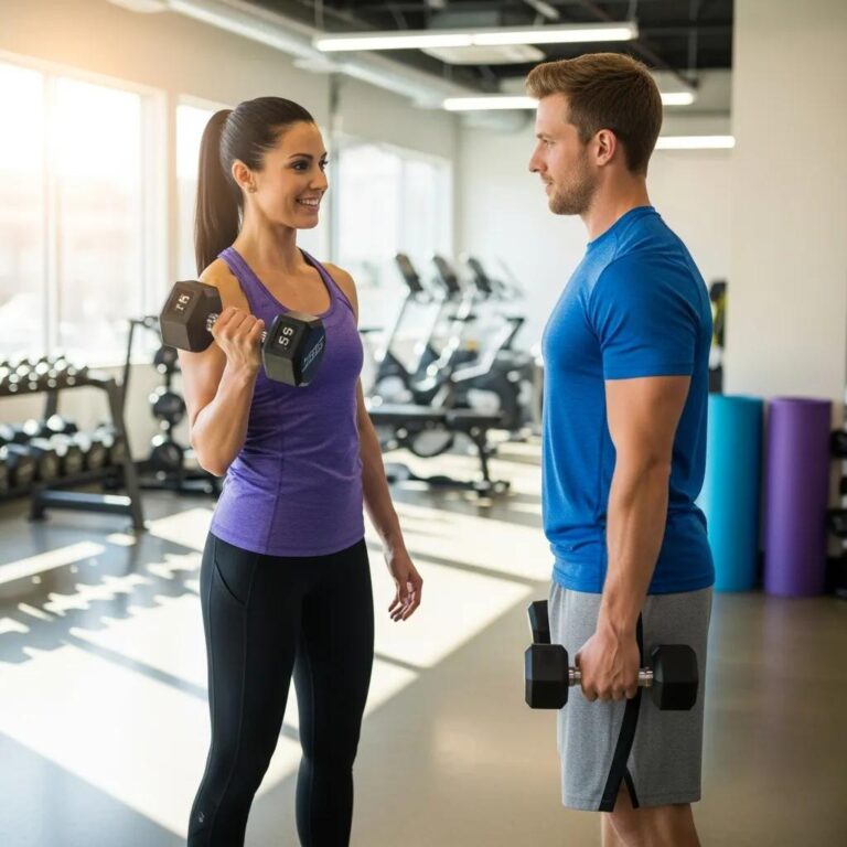 Personal trainer assisting a client in a gym, highlighting expert fitness coaching