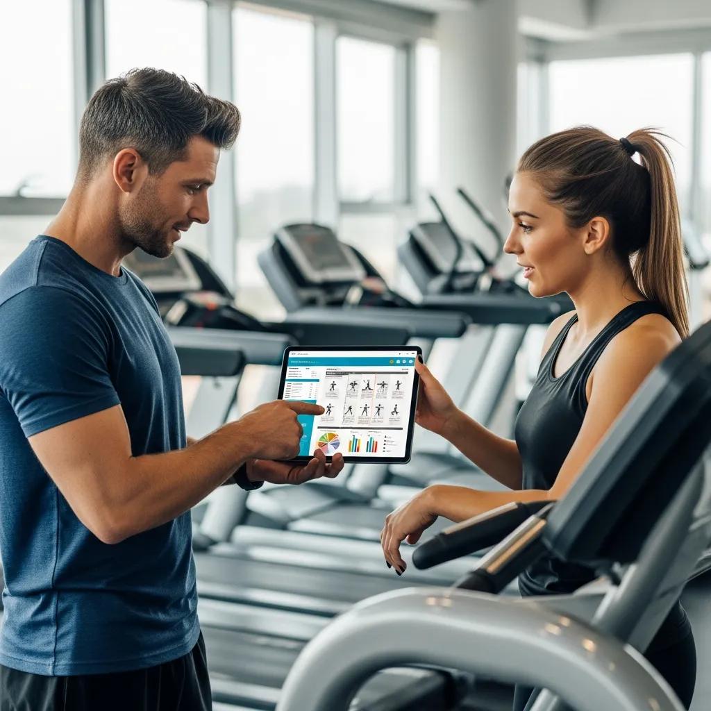 Trainer and client discussing a personalized fitness plan in a gym setting
