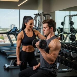 A personal trainer guiding a client through a workout in an Overland Park gym