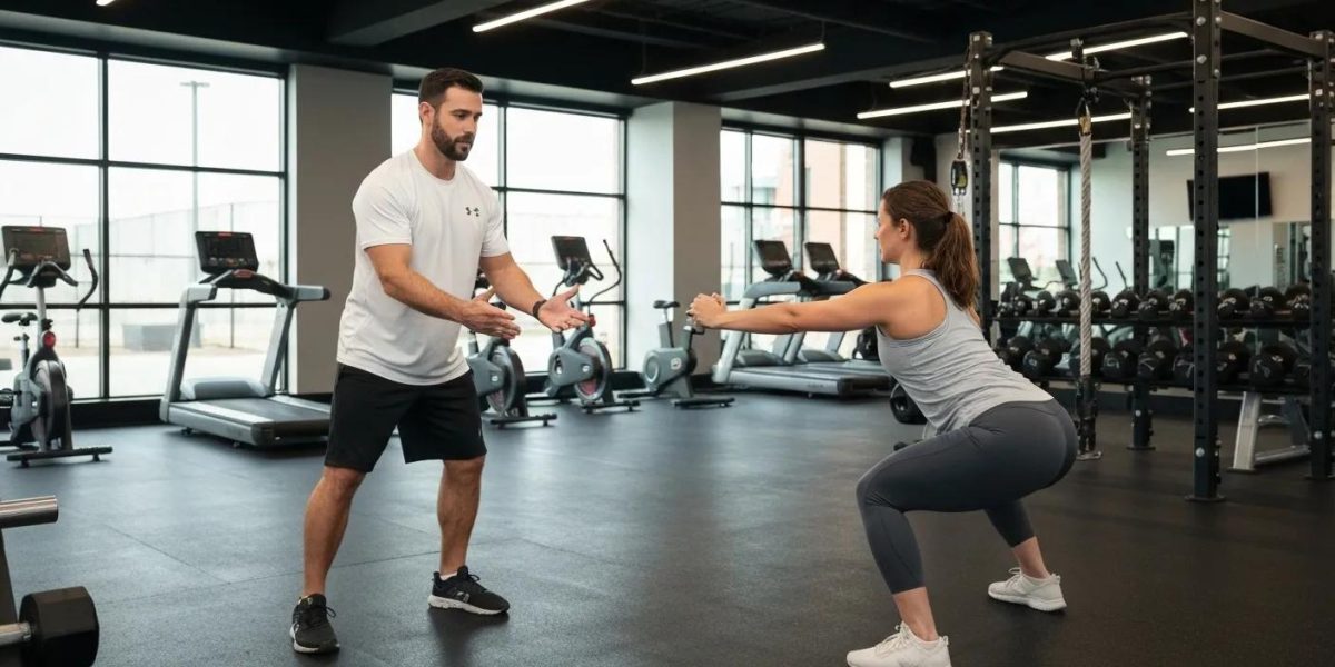 Expert personal trainer guides client through effective exercise in a state-of-the-art Overland Park gym.