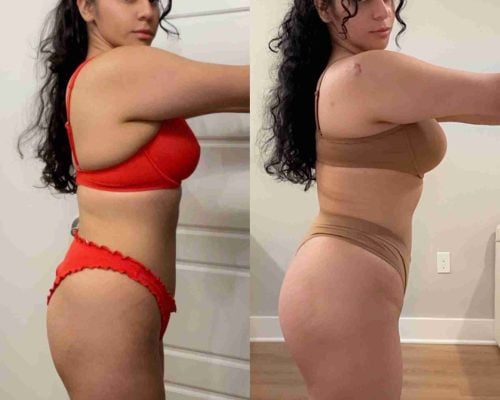 Side-by-side comparison of a female client’s lower body progress photos, showcasing significant muscle development and toning in her legs and glutes over a period of consistent training.