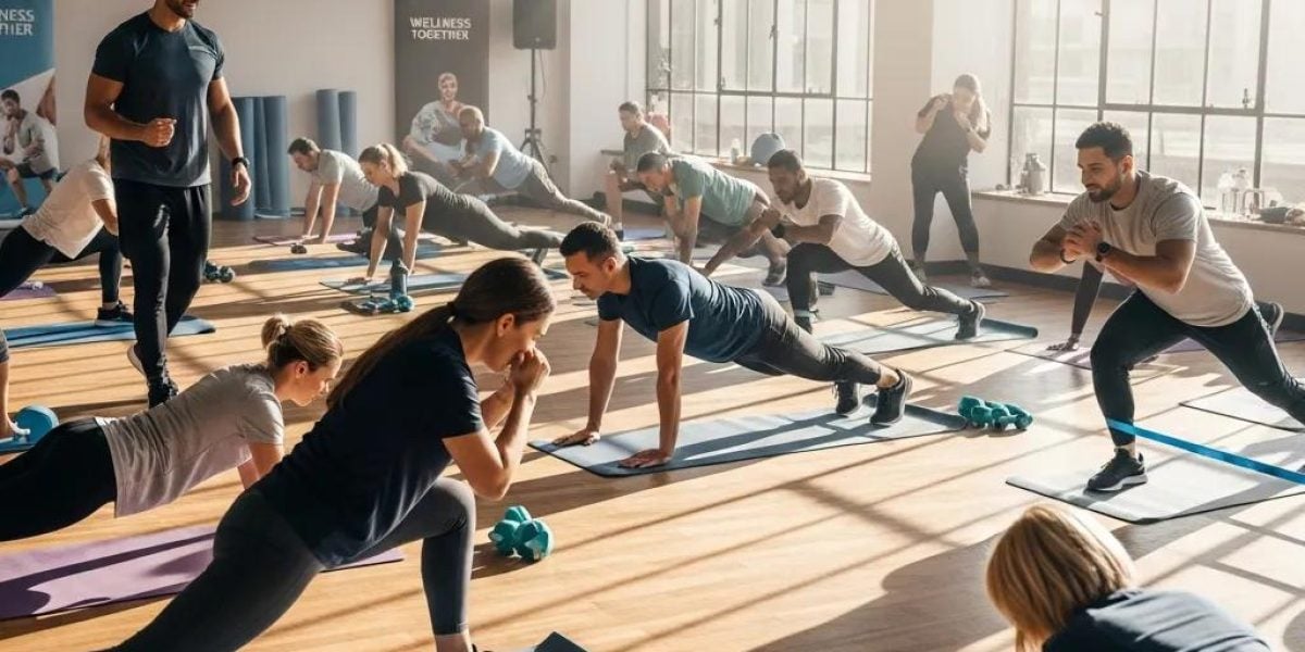 Employees participating in a corporate wellness fitness class led by a trainer